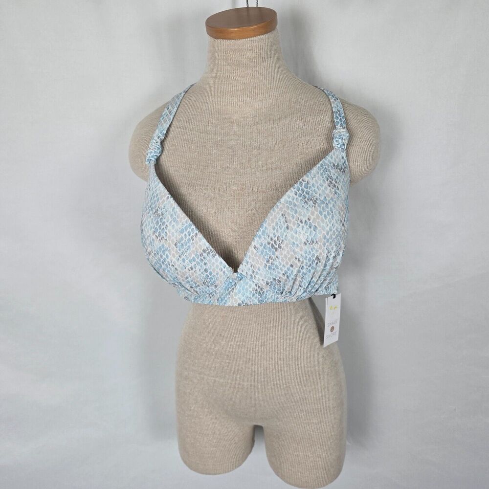 Shade & Shore Bikini Top Women's 38D Blue White Gray Geometric Tie Back Loop NWT